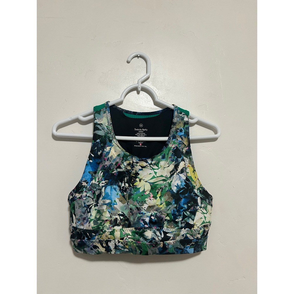 Sweaty Betty Stamina High Neck Floral Mesh Racerback Sports Bra Green‎ Blue M